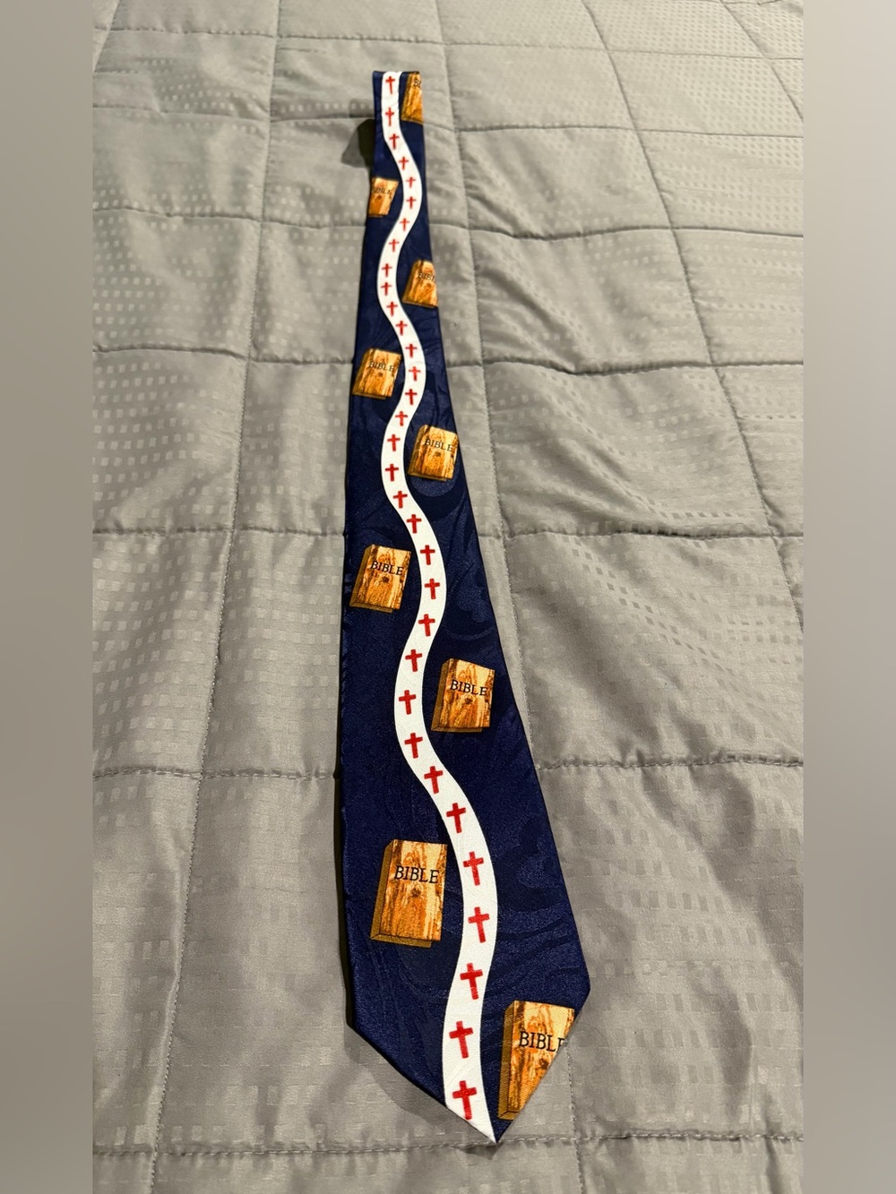 Navy Religious Motif Men’s Tie with Bible & Cross Accents